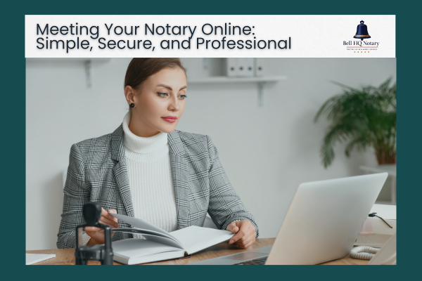 Professional woman meeting with a notary via secure online video call for Remote Online Notarization (RON) with Bell HQ Notary. Professional woman meeting with a notary via secure online video call for Remote Online Notarization (RON) with Bell HQ Notary.