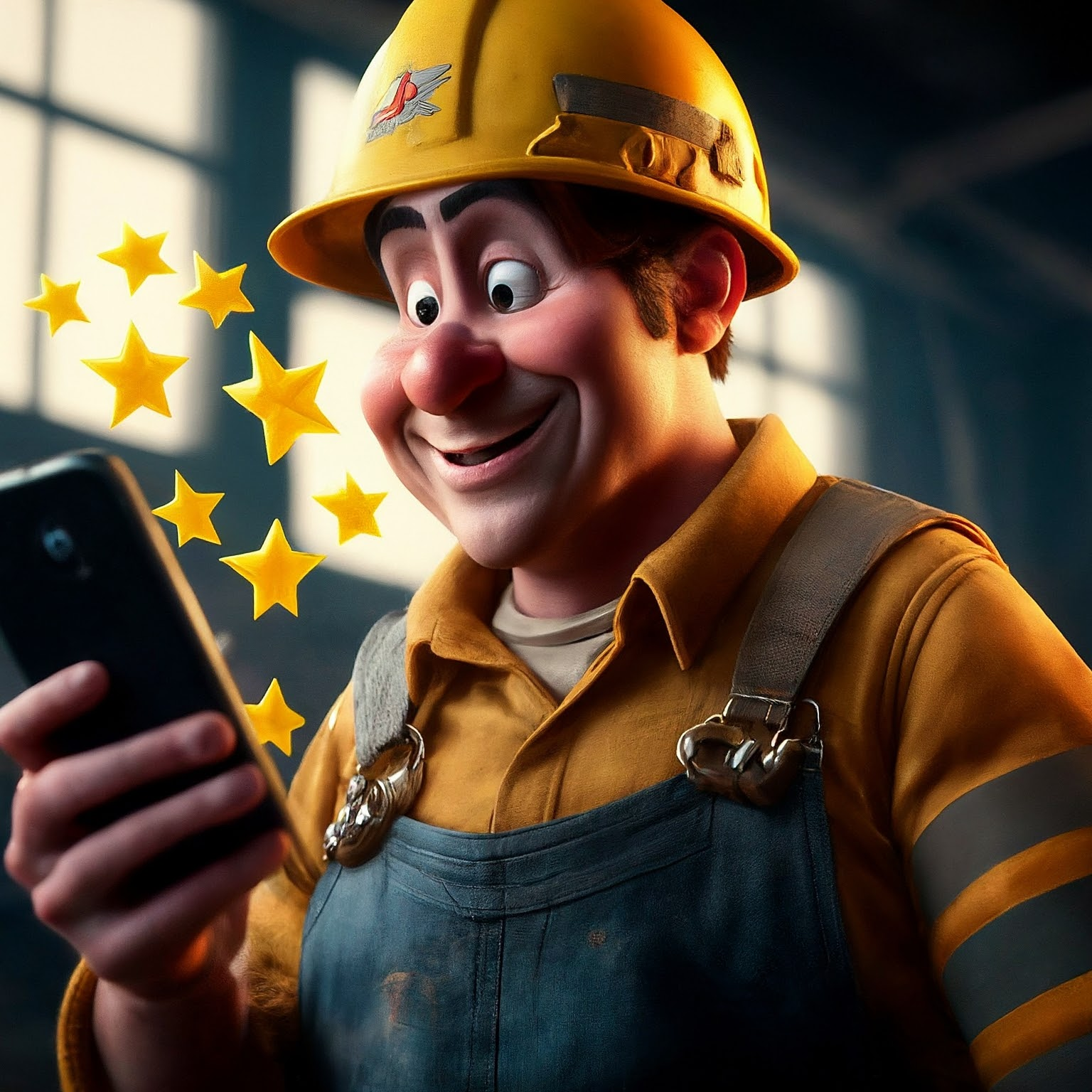 tradie looking at phone with stars