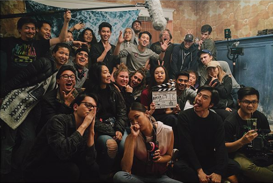 Justin Chon and his crew on set of Ms Purple