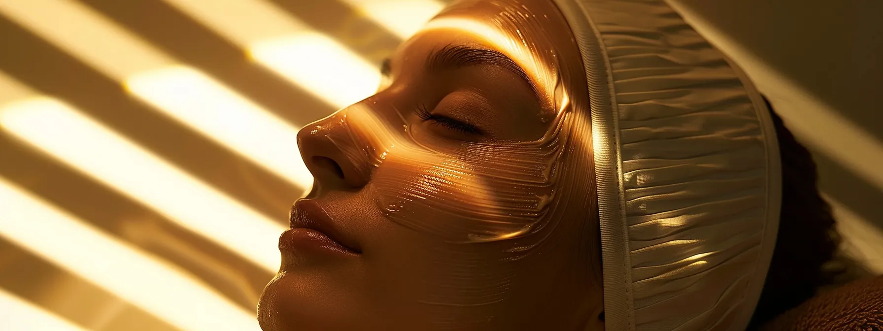 Close-up of a woman's face receiving a rejuvenating skincare treatment under warm, therapeutic lighting, highlighting smooth, radiant skin and a serene spa ambiance for optimal relaxation and beauty enhancement. Close-up of a woman's face receiving a rejuvenating skincare treatment under warm, therapeutic lighting, highlighting smooth, radiant skin and a serene spa ambiance for optimal relaxation and beauty enhancement.