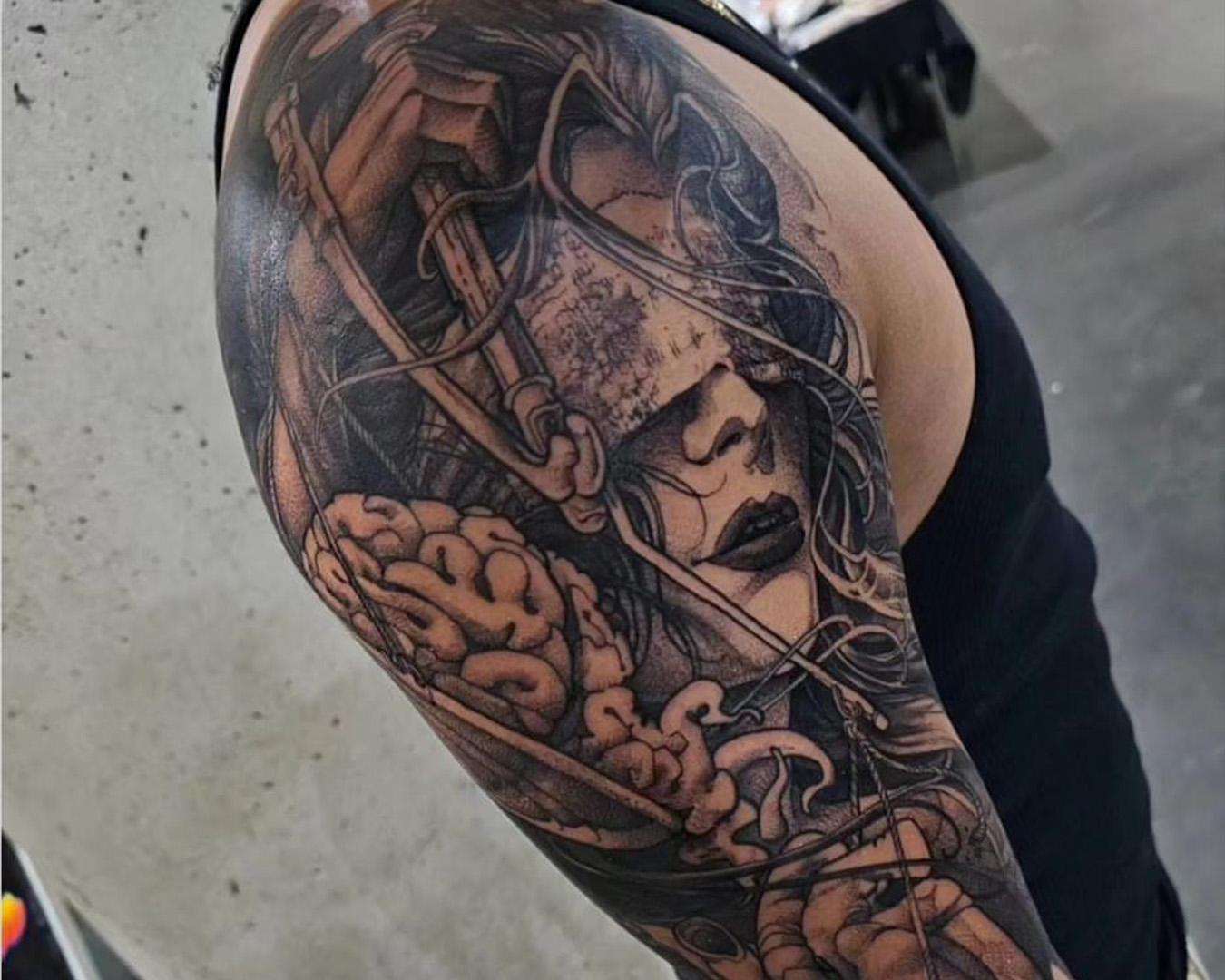Brain and lady face tattoo by Kurt Jacobsen