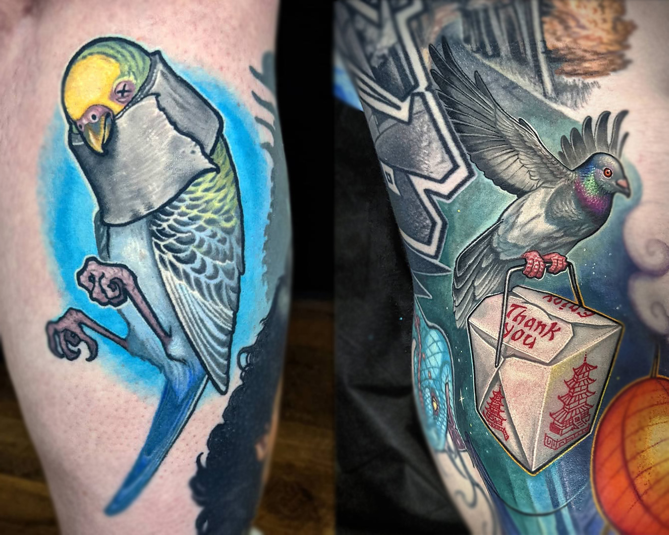 Pigeon and parakeet tattoo by matt driscoll Pigeon and parakeet tattoo by matt driscoll
