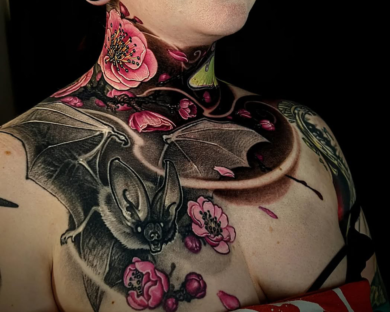 Bat and cherry blossom tattoo by matt driscoll Bat and cherry blossom tattoo by matt driscoll
