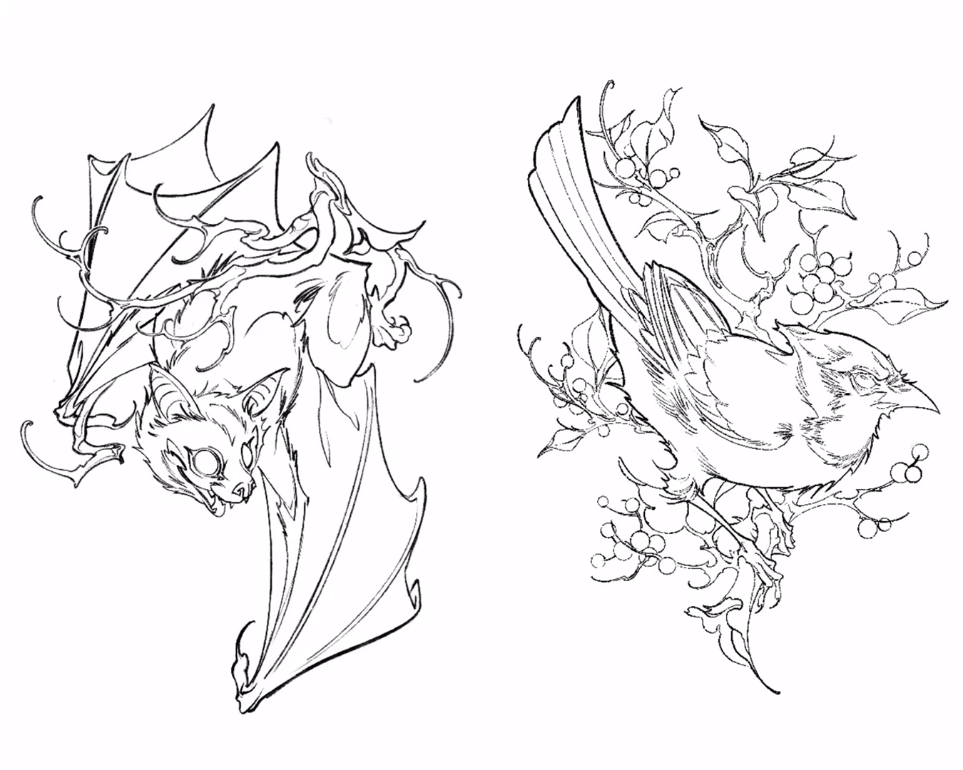 Corey Bernhardt Tattoo Sketches, Bird, bat, berries, and branches Corey Bernhardt Tattoo Sketches, Bird, bat, berries, and branches