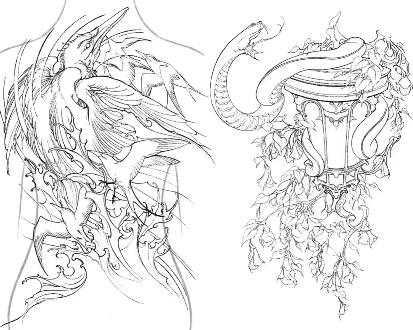 Corey Bernhardt backpiece sketches - crane, fish, seagulls, snake, lantern Corey Bernhardt backpiece sketches - crane, fish, seagulls, snake, lantern