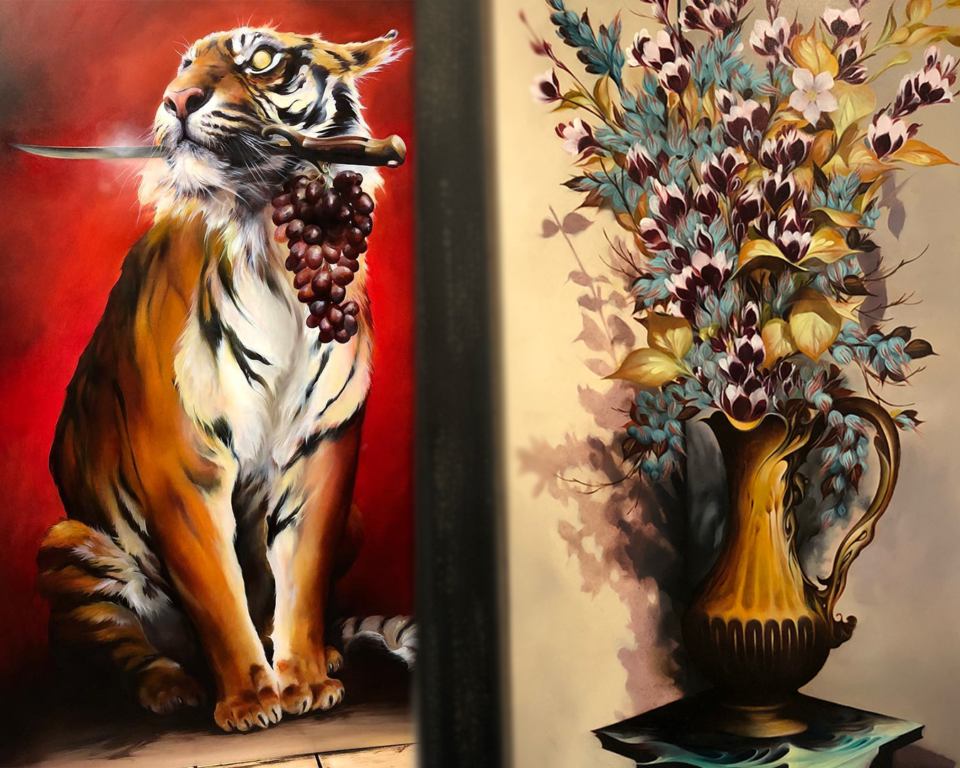 Corey Bernhardt paintings - tiger, knife, vase, flowers Corey Bernhardt paintings - tiger, knife, vase, flowers