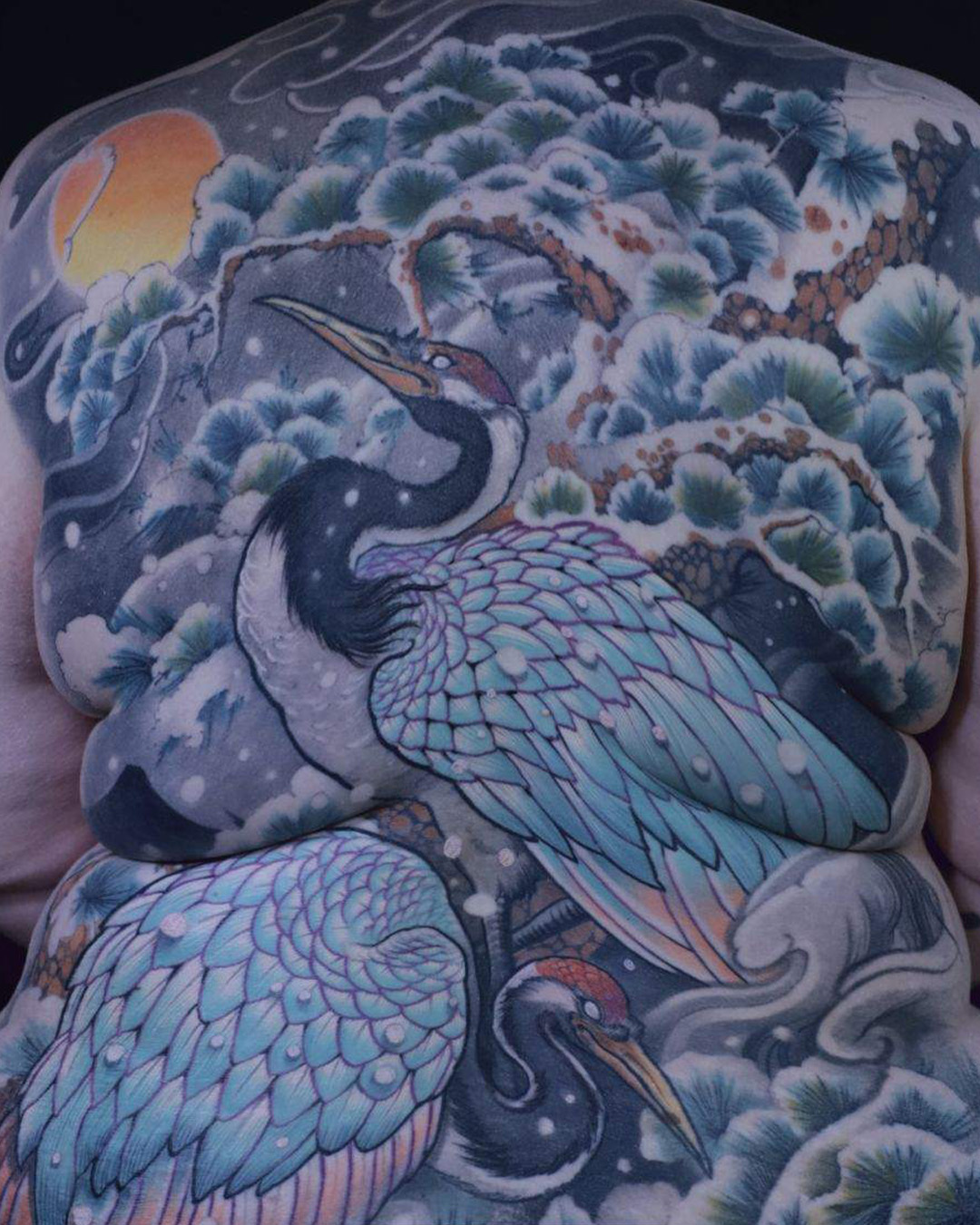 Patrick Paul O'Neil Tattoos, Crane Backpiece with moon and snow Patrick Paul O'Neil Tattoos, Crane Backpiece with moon and snow