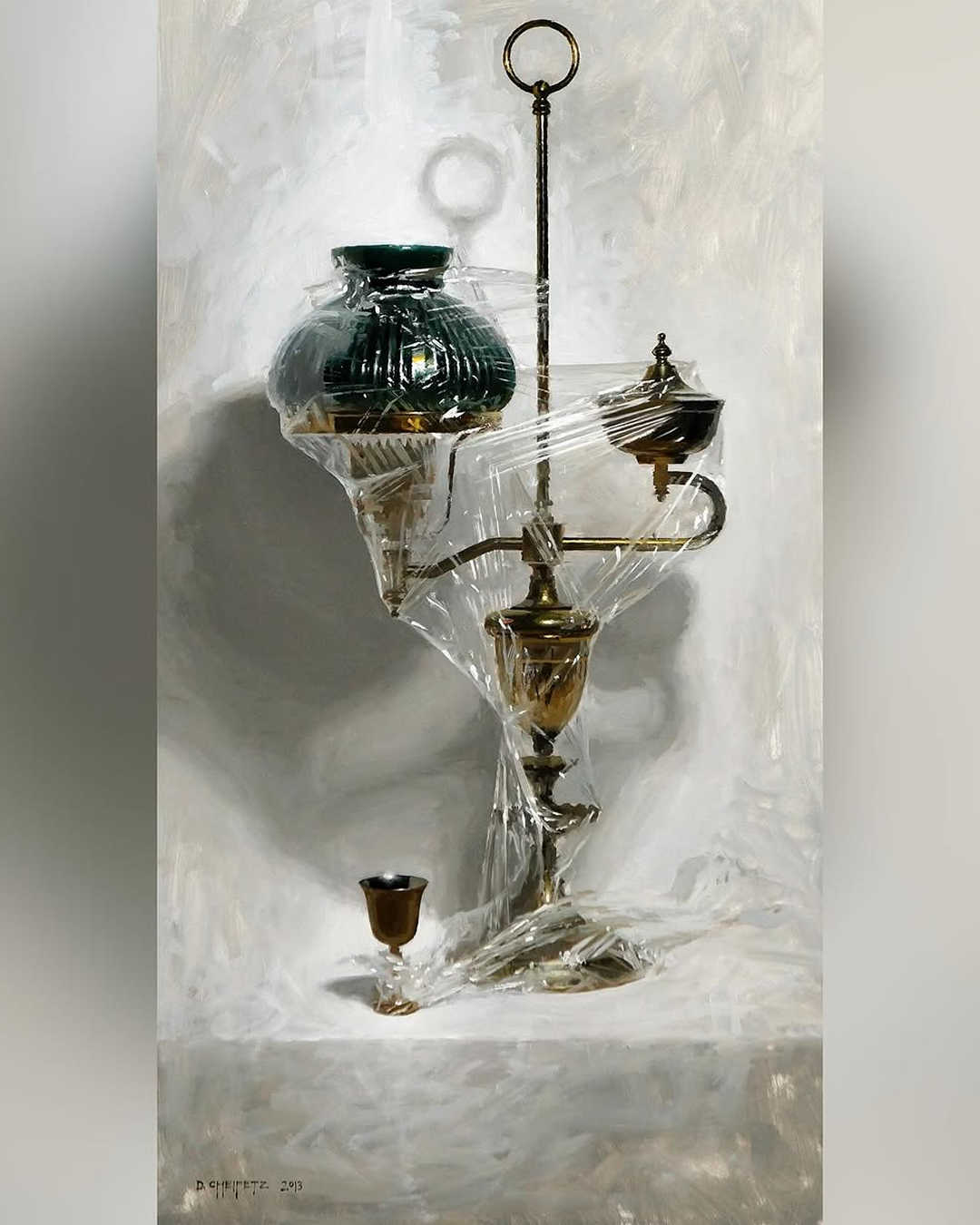David Cheifetz Fine art still life oil painting of lamp wrapped in cellophane