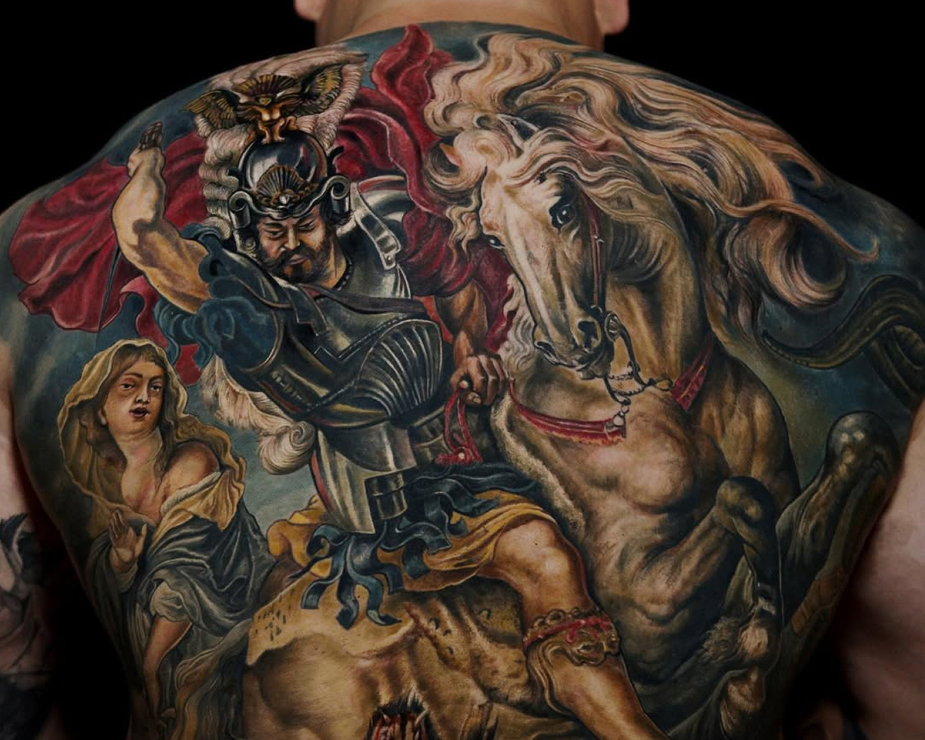 Yomico Backpiece tattoo renaissance horse warrior Yomico Backpiece tattoo renaissance horse warrior