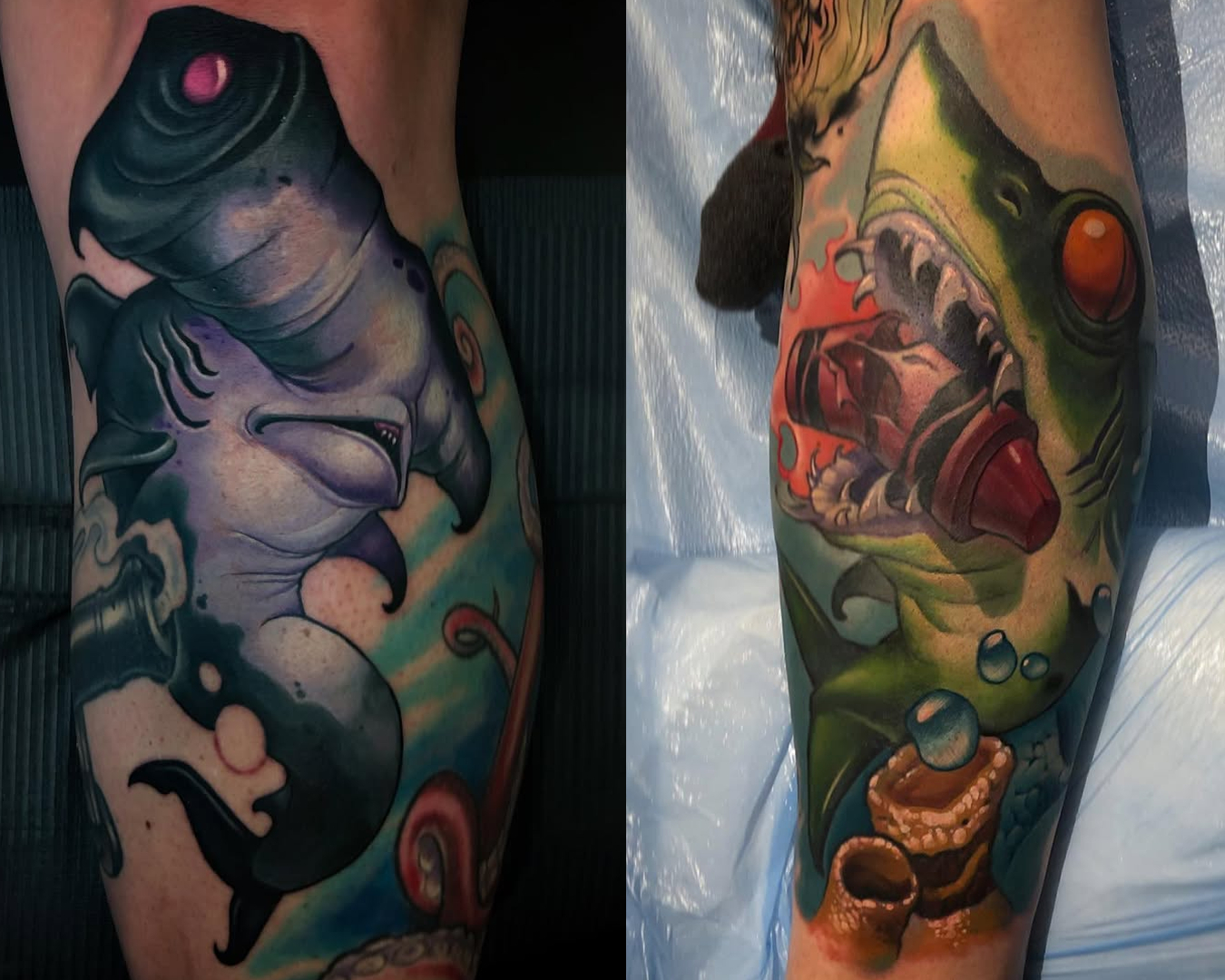 Timmy b Shark tattoos on legs and arms Timmy b Shark tattoos on legs and arms
