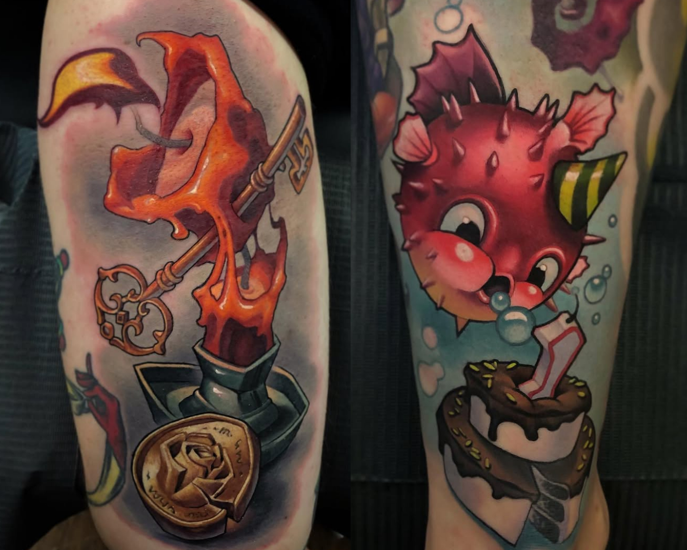 Timmy B tattoos, blowfish on arm candle and key on leg Timmy B tattoos, blowfish on arm candle and key on leg