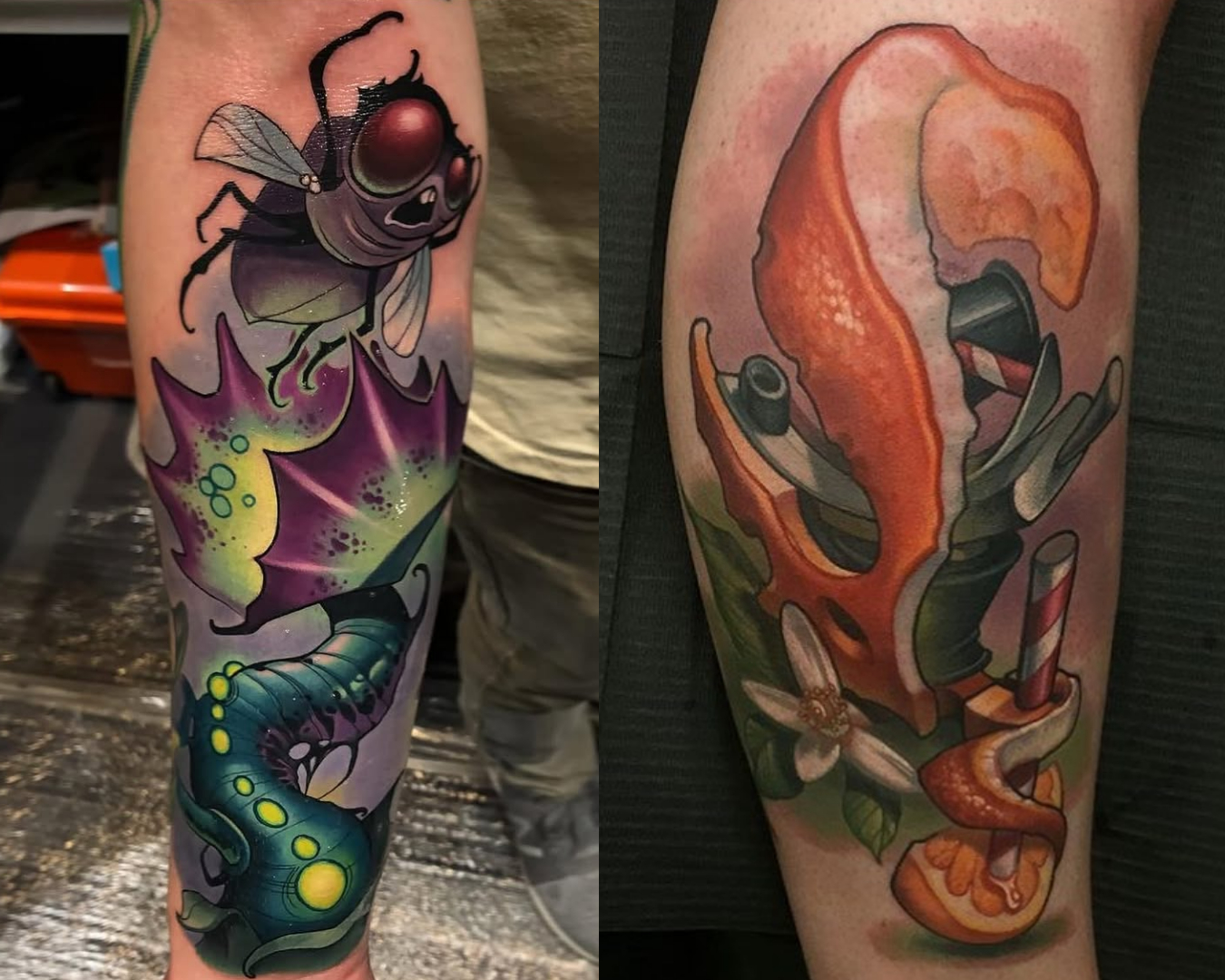 Timmy B Leg Tattoos, Venus FLy trap, Fly Orange, tattoo Machine, Straw