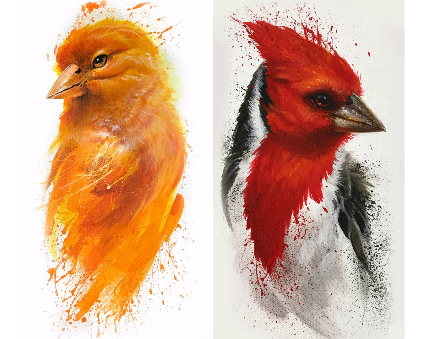Greg Craola Simkins Painting, BIrds, Cardinal, Canary, Red, Orange, Acrylic Greg Craola Simkins Painting, BIrds, Cardinal, Canary, Red, Orange, Acrylic