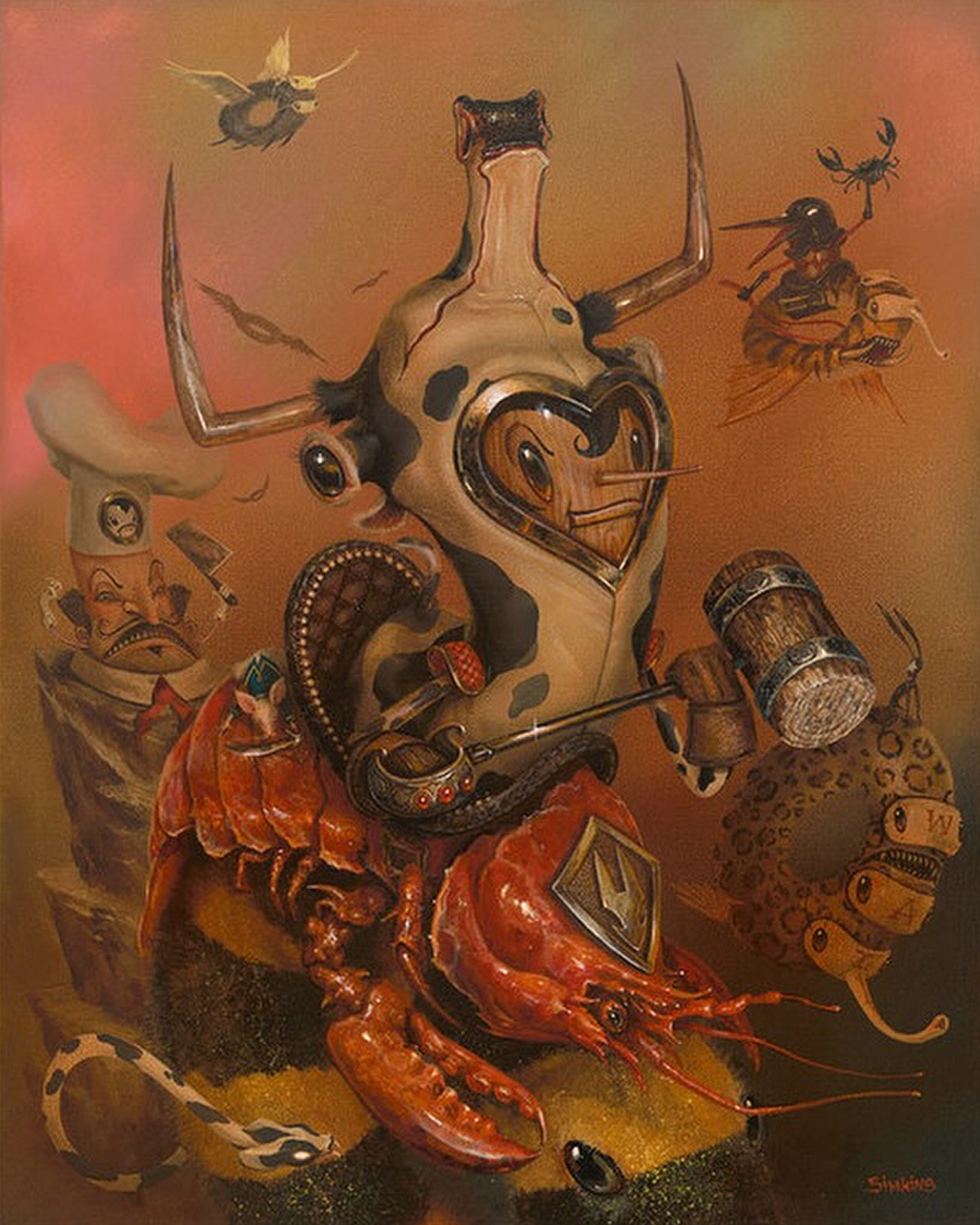 Greg 'CRAOLA' Simkins painting, surrealism, acrylic cow, wooden hammer Greg 'CRAOLA' Simkins painting, surrealism, acrylic cow, wooden hammer