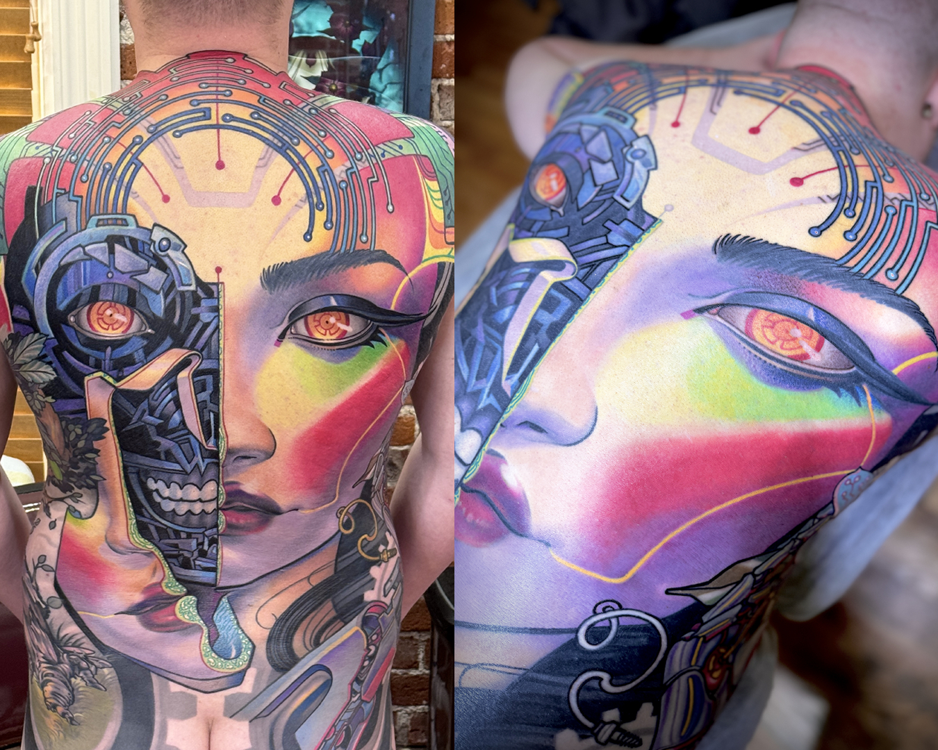 Cooper Tattoos, Retro Futurism backpiece, android lady face