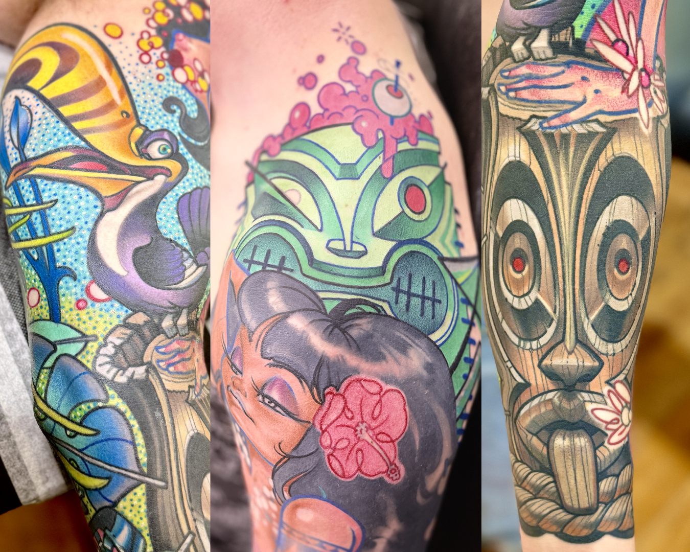 Cooper Tattoos, Hawaiian themed arm sleeve, tiki mask, tiki statue, toucan