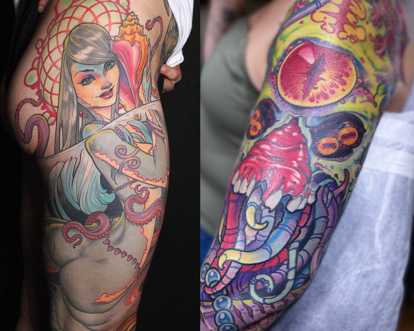Cooper Tattoos, Mermaid rib to leg tattoo, eldritch creature arm sleeve