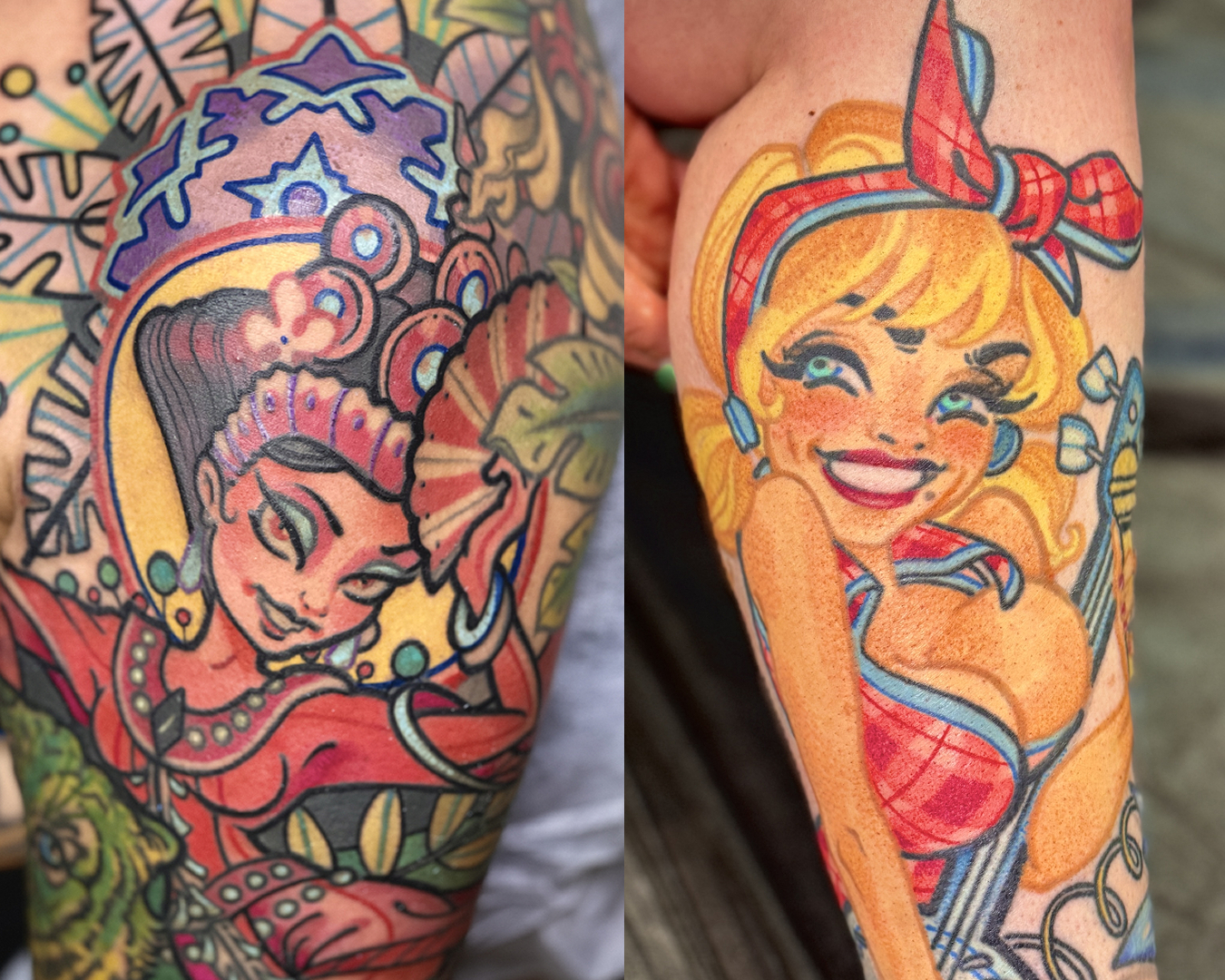 Cooper Tattoos, Dolly Parton leg, Fiesta Dance Shoulder
