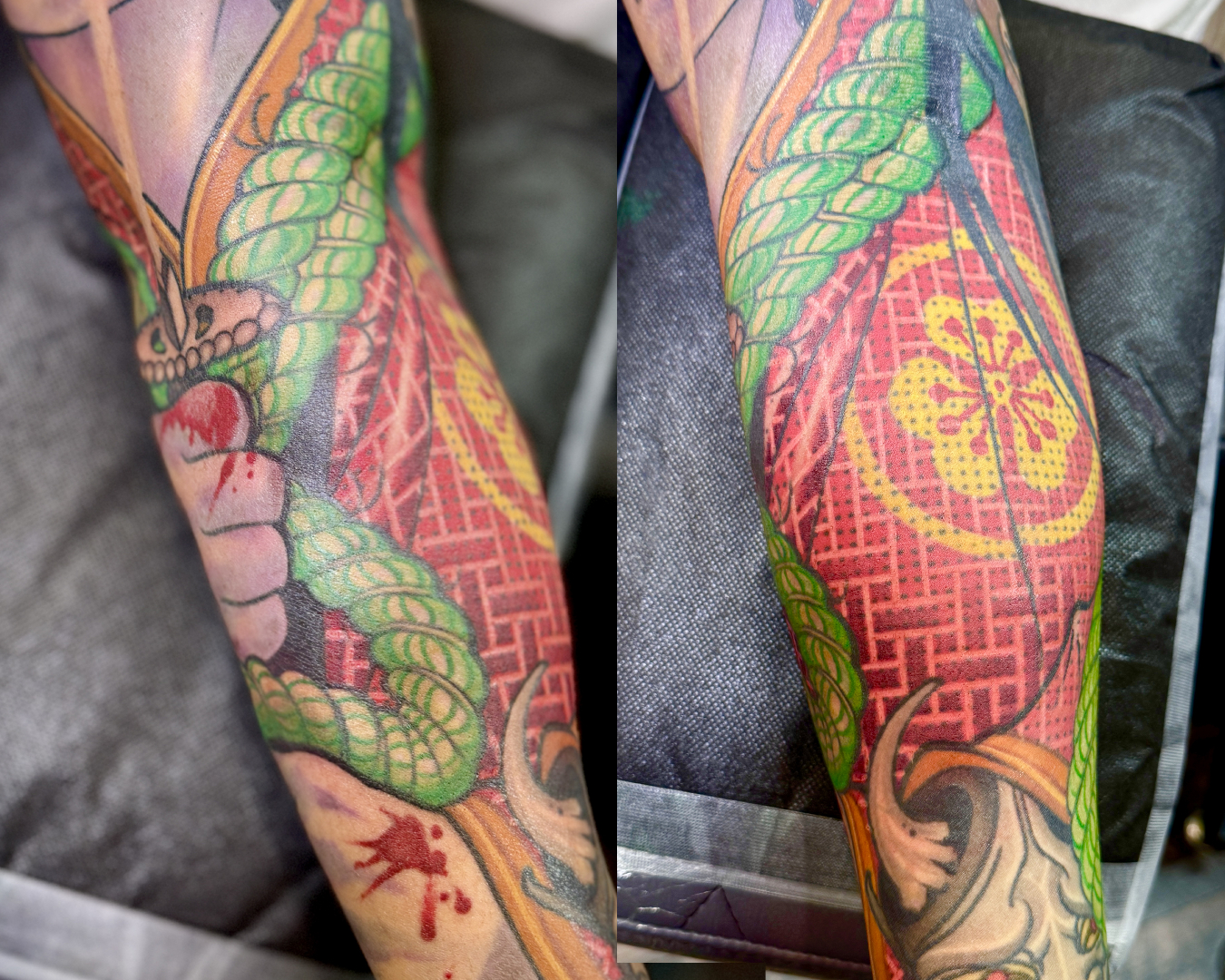 Cooper Tattoos, Samurai woman, fabric texture, layering technique