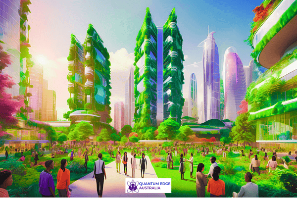 Animated representation of a harmonious society driven by futuristic business and wellness Animated representation of a harmonious society driven by futuristic business and wellness