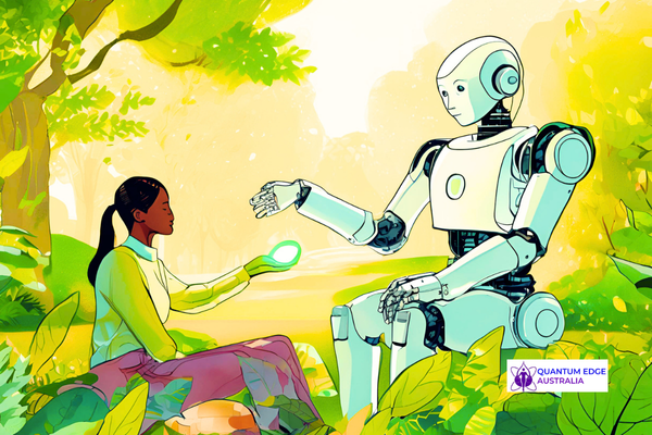 Futuristic AI guide offering emotional and mindfulness support to users Futuristic AI guide offering emotional and mindfulness support to users