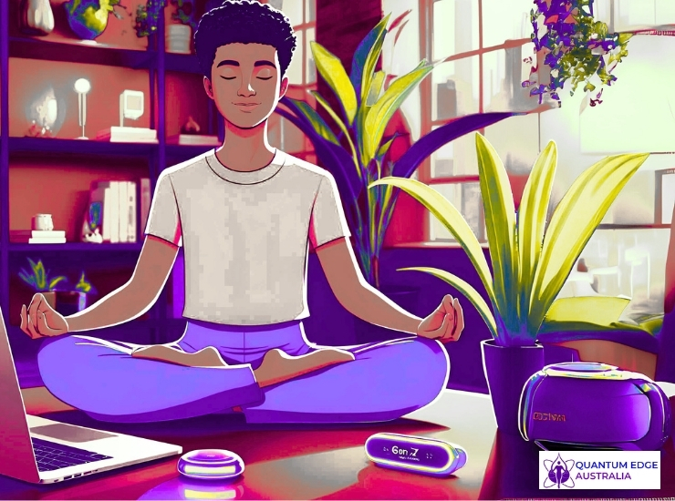 Gen-Z entrepreneur testing conscious startup idea with wearable tech and meditation tools. Gen-Z entrepreneur testing conscious startup idea with wearable tech and meditation tools.