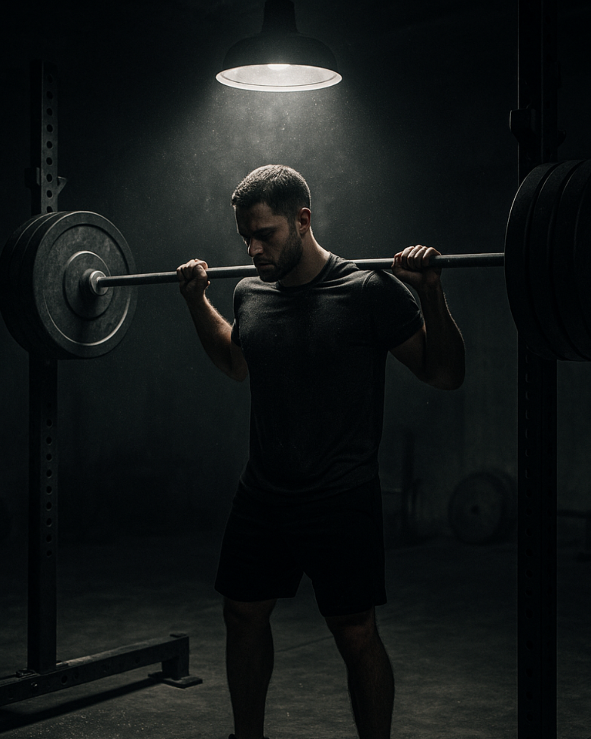 Exhausted man under squat rack Exhausted man under squat rack