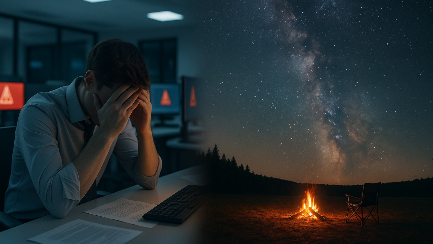 Busy office contrasted with peaceful campfire under stars Busy office contrasted with peaceful campfire under stars