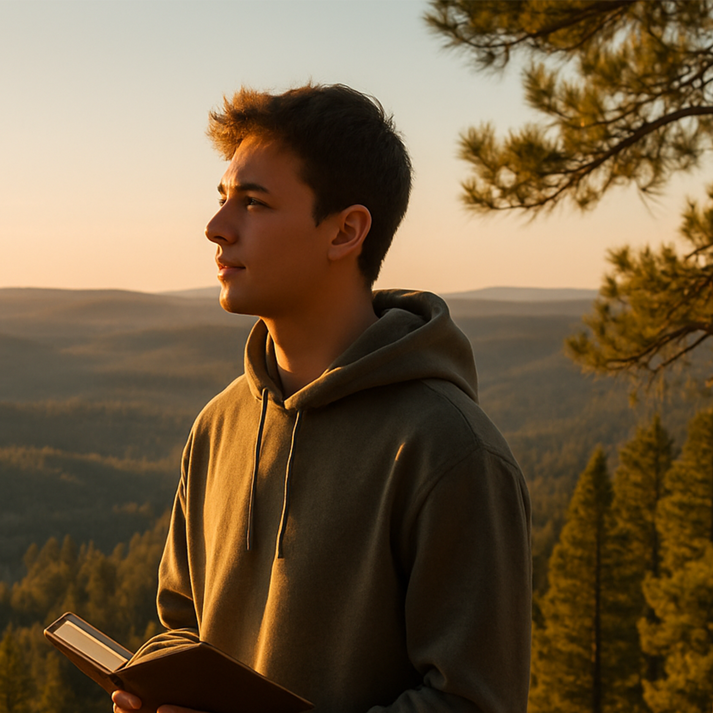 Young man on pine ridge journal in had at sunrise Young man on pine ridge journal in had at sunrise