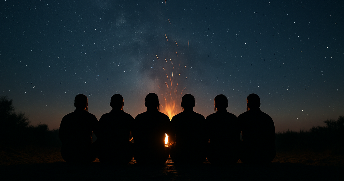 Men around campfire at night with stars above Men around campfire at night with stars above