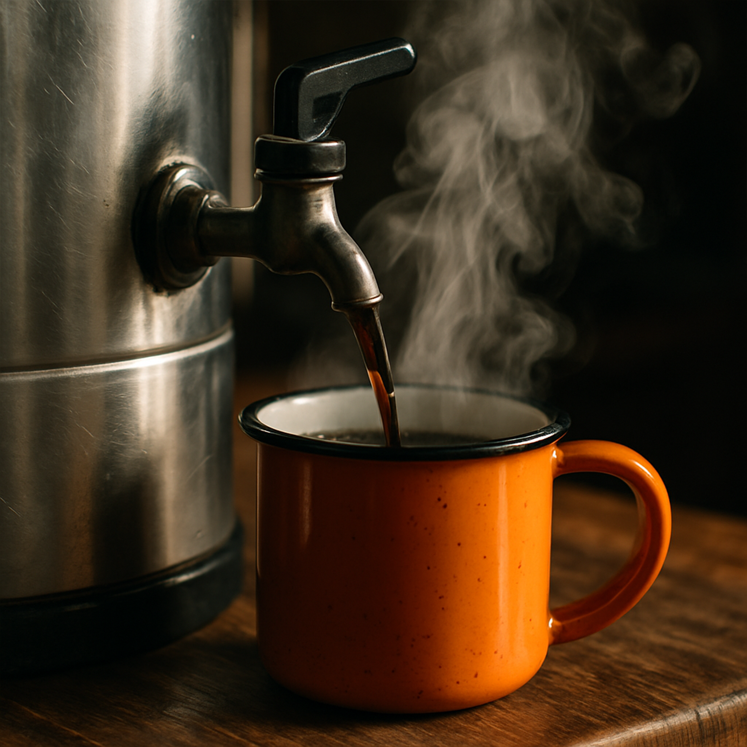 Coffee carafe pouring into orange mug Coffee carafe pouring into orange mug