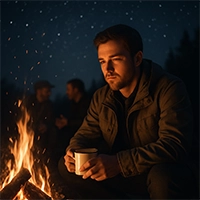 Young man gazes into campfire holding mug, stars emerging overhead. Young man gazes into campfire holding mug, stars emerging overhead.
