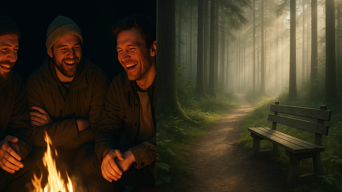 Campfire conversation on left, quiet forest bench on right - illustrating both connection and solitude. Campfire conversation on left, quiet forest bench on right - illustrating both connection and solitude.