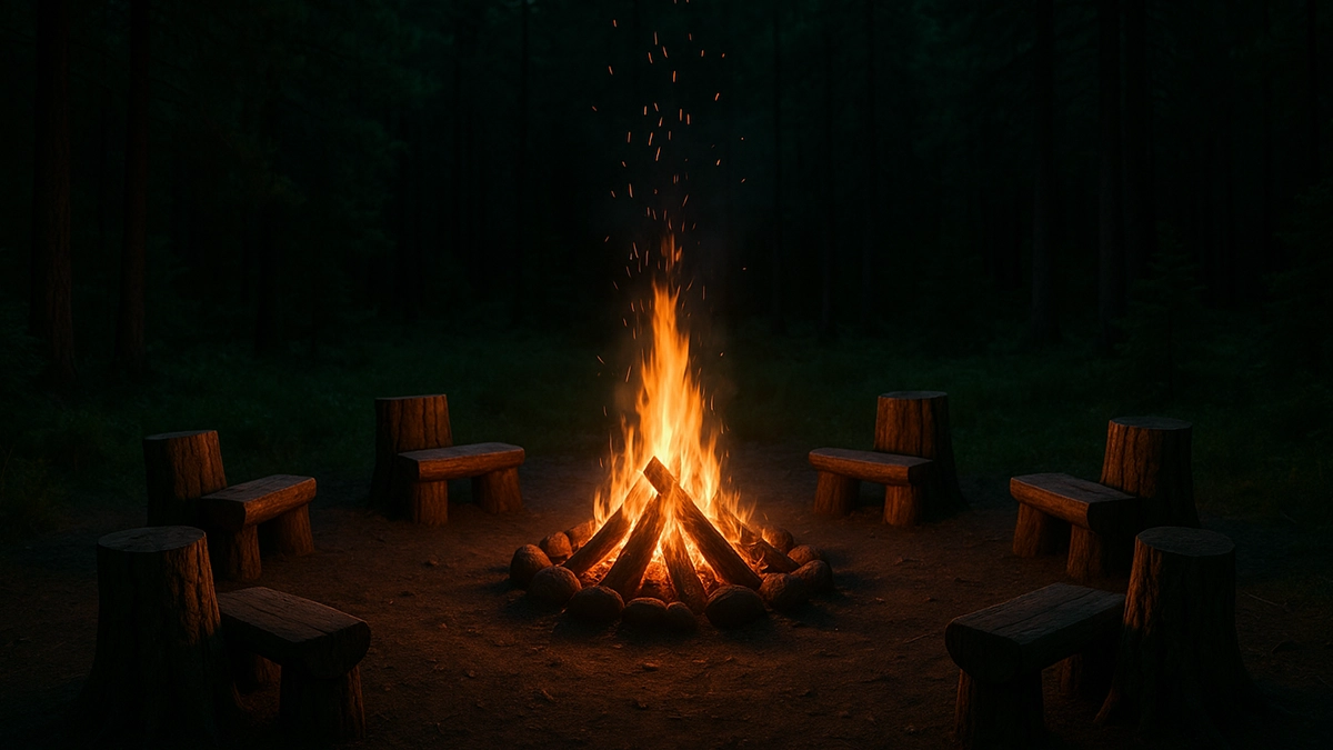 Twilight forest clearing with a glowing camp-fire ring and rough log seats waiting for men to gather. Twilight forest clearing with a glowing camp-fire ring and rough log seats waiting for men to gather.