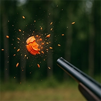 Clay pigeon exploding into orange shards as a shotgun recoils, forest backdrop blurred. Clay pigeon exploding into orange shards as a shotgun recoils, forest backdrop blurred.