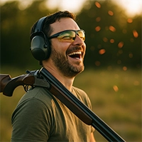 Laughing man with open shotgun over his shoulder, clay-target fragments drifting in background. Laughing man with open shotgun over his shoulder, clay-target fragments drifting in background.