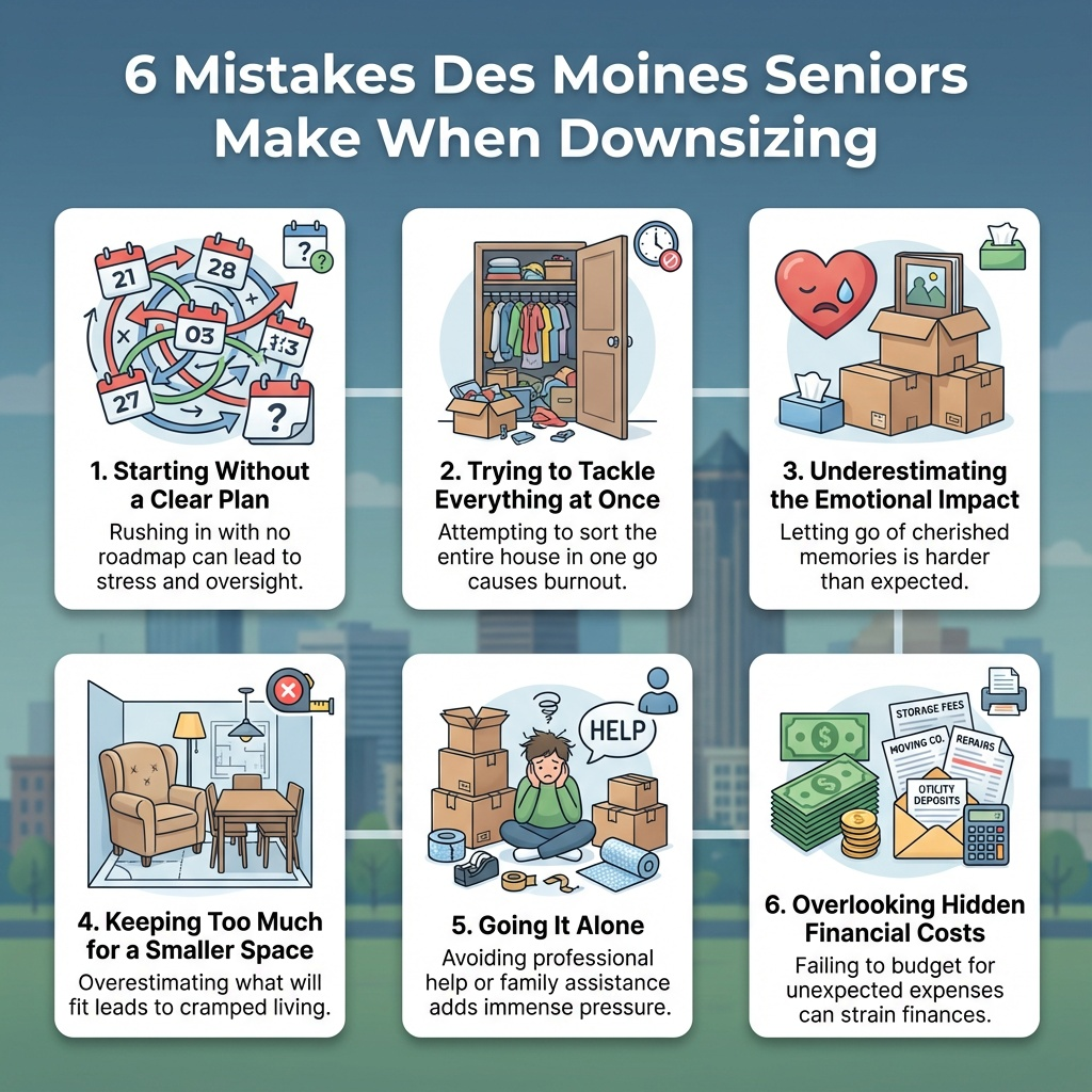 Graphic for blog post ‘Quick List: 6 Mistakes Des Moines Seniors Make When Downsizing,’ showing six clearly labeled panels with simple illustrations: a chaotic calendar for starting without a clear plan, an overstuffed closet for trying to tackle everything at once, a heart and moving boxes for underestimating the emotional impact, oversized furniture jammed into a small room for keeping too much in a smaller space, an overwhelmed senior surrounded by moving supplies for going it alone, and a money symbol with scattered bills for overlooking hidden financial costs, all in a clean, modern layout aimed at older adults in Des Moines planning a downsizing move.