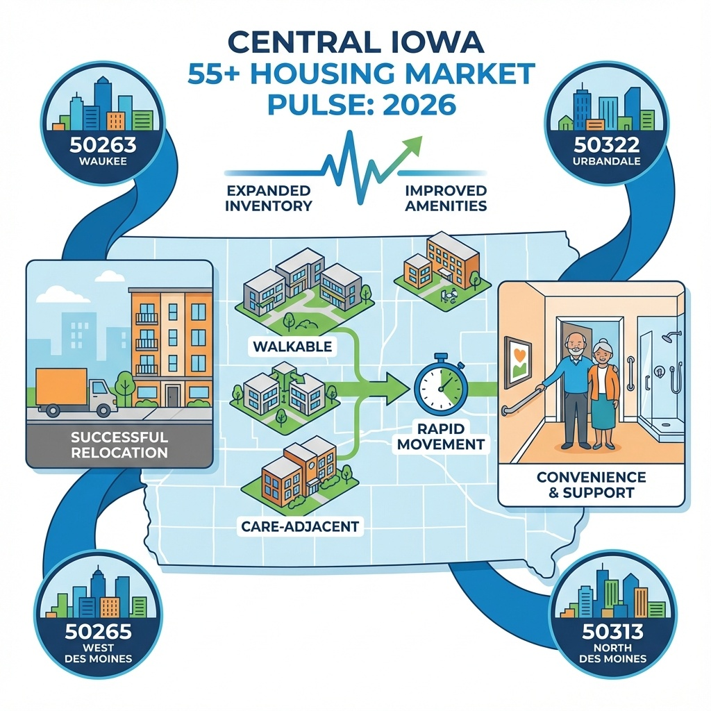 Illustrated header image for ‘Central Iowa 55+ Housing Market Pulse for 2026,’ showing active older adults in a modern, walkable senior community with greenery, sidewalks, and nearby medical and service buildings, plus a highlighted apartment featuring a ground-floor unit with handrails and a curbless shower, over a simplified Des Moines metro map marking ZIP codes 50263 (Waukee), 50322 (Urbandale), 50265 (West Des Moines), and 50313 (North Des Moines) to emphasize expanded inventory, improved amenities, and care-adjacent living options.