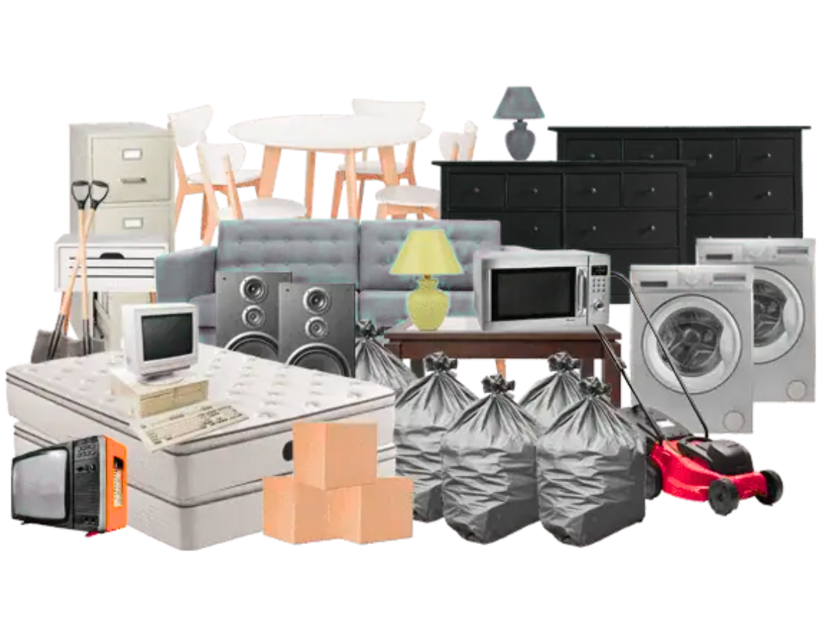 Common household items such as furniture, boxes, and small appliances prepared for junk removal