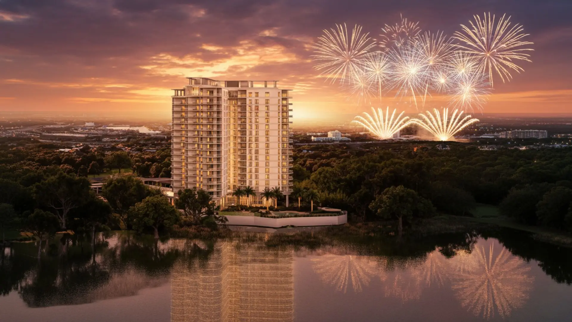 Vista del lago Bryan en Orlando con atardecer y MB Resort