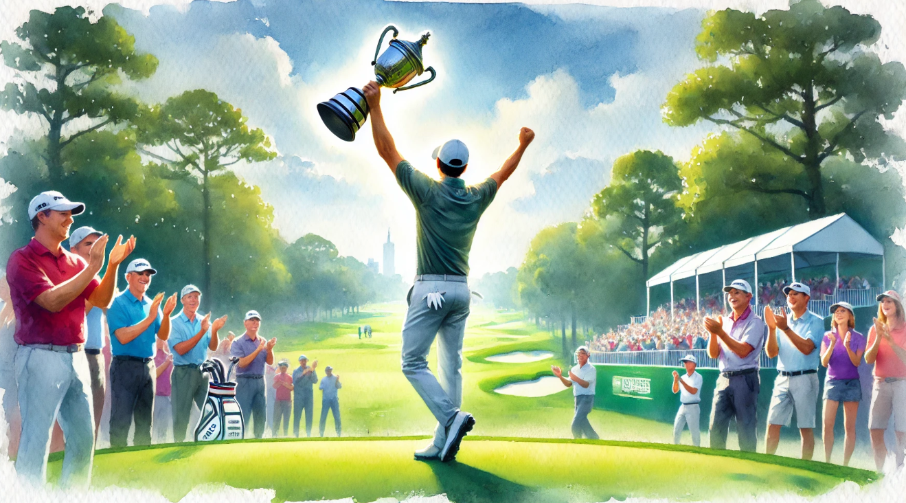 A watercolor painting of a golfer celebrating a win at a golf tournament. 