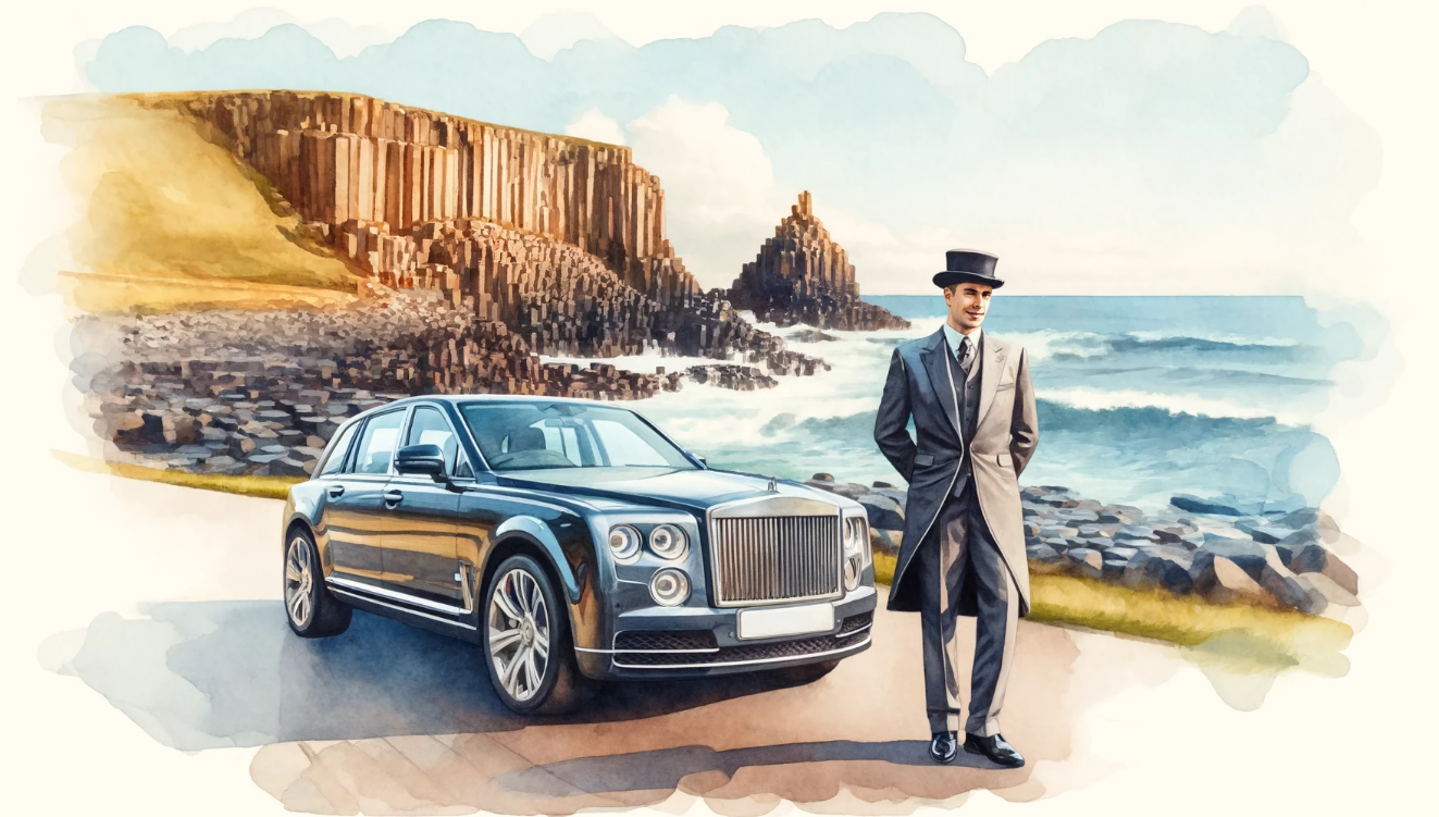 A watercolor painting of a chauffeur standing proudly beside a luxurious car near the iconic Giant's Causeway in Northern Ireland.