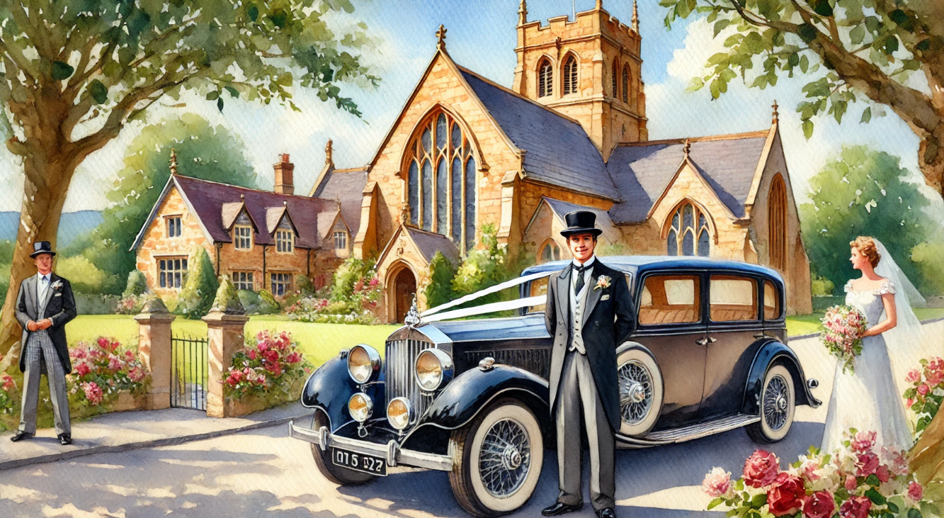 A watercolor painting of a chauffeur standing beside a luxurious car outside a charming church on a wedding day.