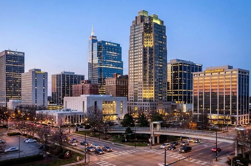 Downtown Raleigh NC skyline showcasing job growth and development
