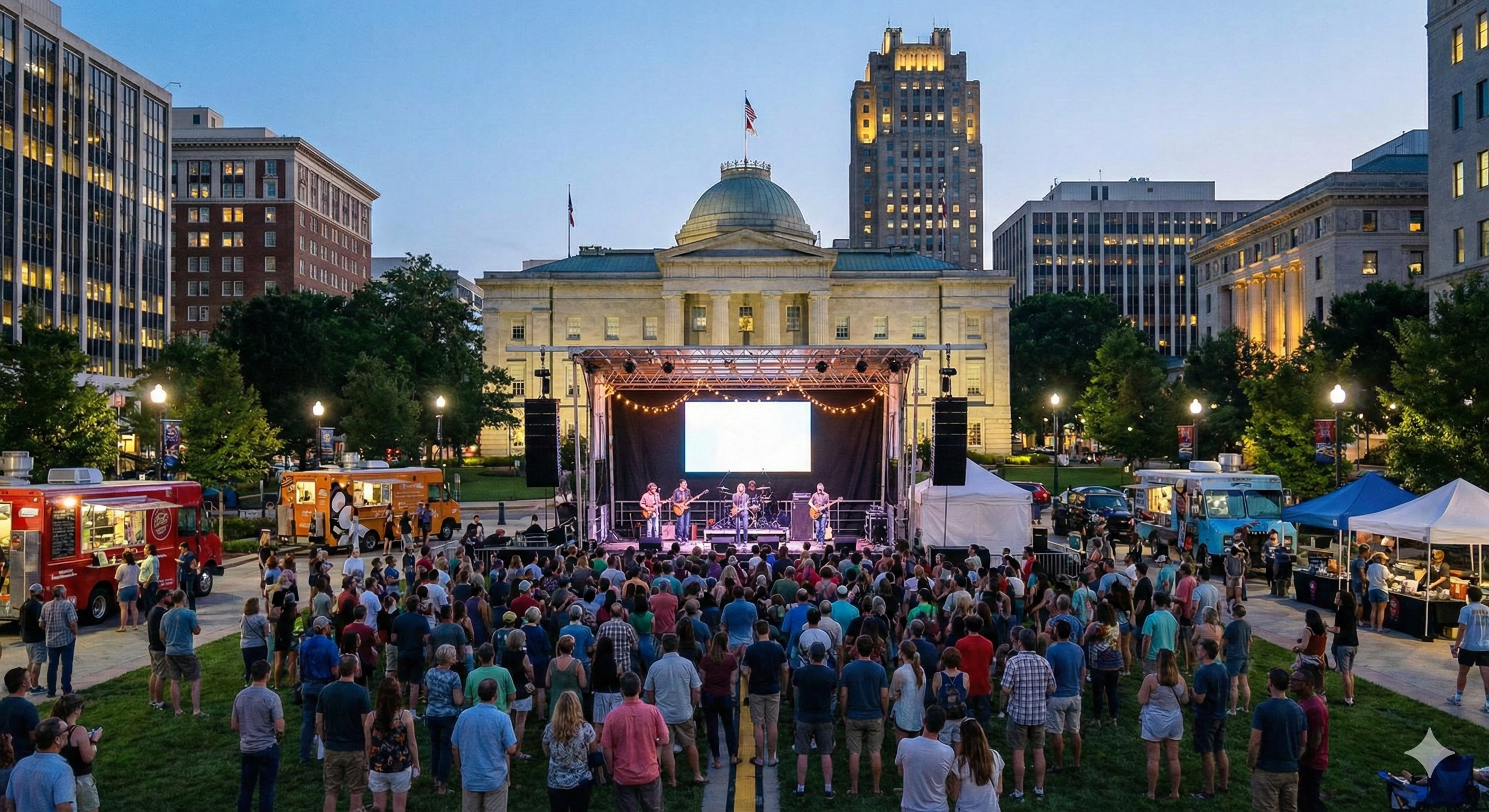 Live outdoor concert in downtown Raleigh NC.