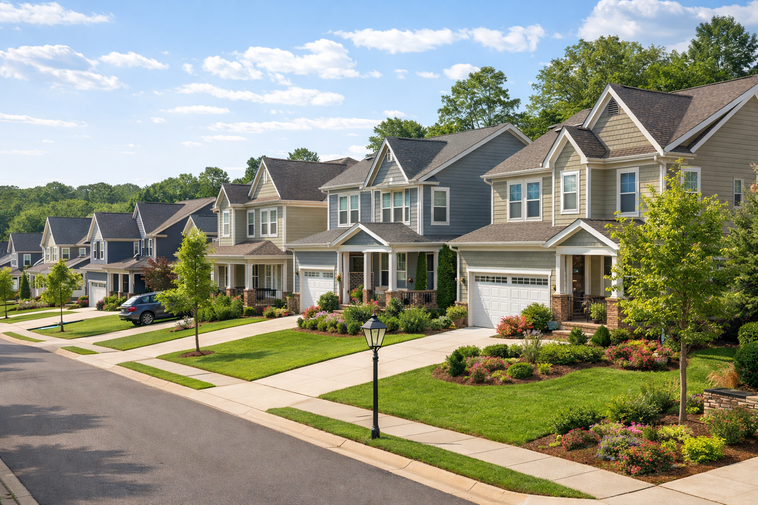 Raleigh neighborhood with single-family homes and mature trees. Raleigh neighborhood with single-family homes and mature trees.