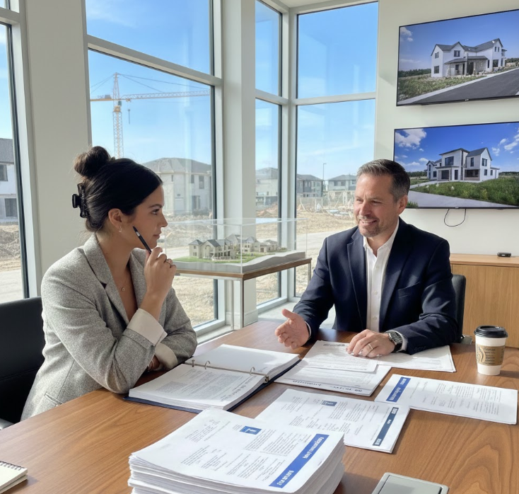 Raleigh homebuyer reviewing preferred lender paperwork with a builder.