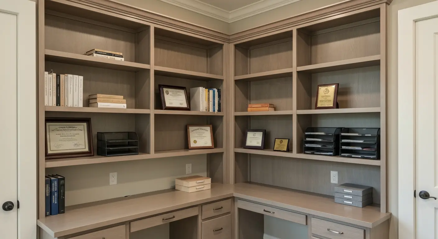 Home office with custom built-in shelving and desk storage