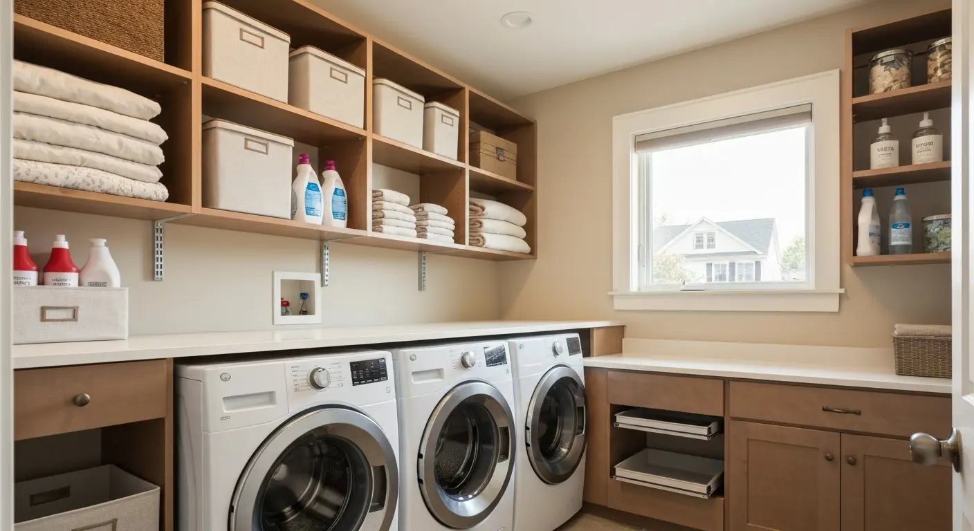 Laundry room with organized cabinets and shelving