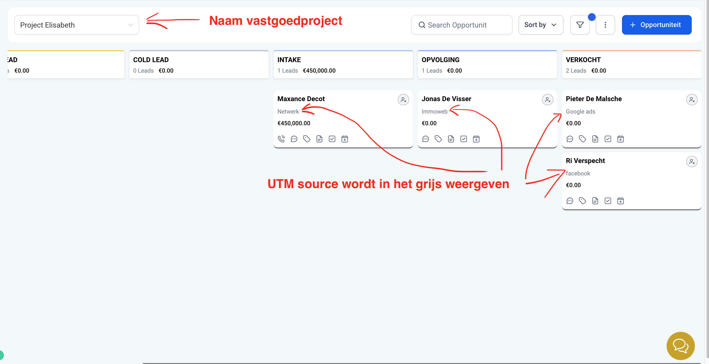 screenshot ledoux crm voor projectontwikkelaars (overzicht leads vastgoedprojecten)